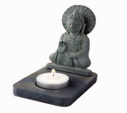 Buddha Kerzenhalter Speckstein massiv grau Teelicht