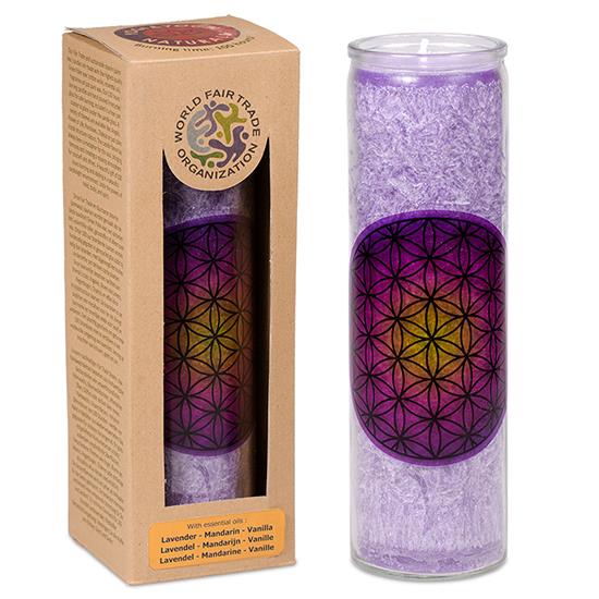Stearin Kerze Blume des Lebens violett in glas Glaskerze